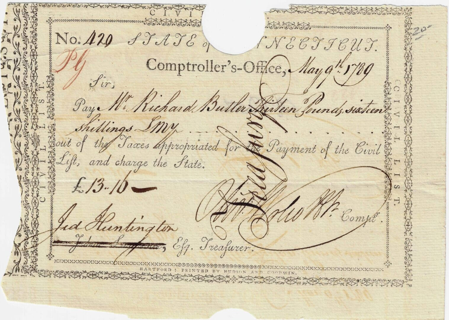 An 18th-century financial document from Connecticut, dated May 8, 1790, authorizing payment to Richard Butler for state taxes, signed by officials.
